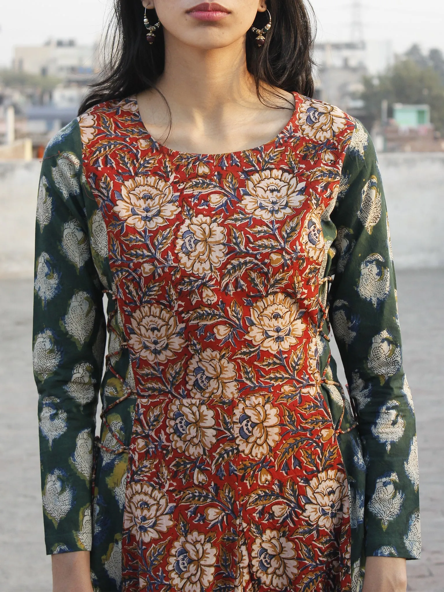 Red Green Mustard Hand Block Printed Cotton  Waist Tie Up Dress -  D176F1144