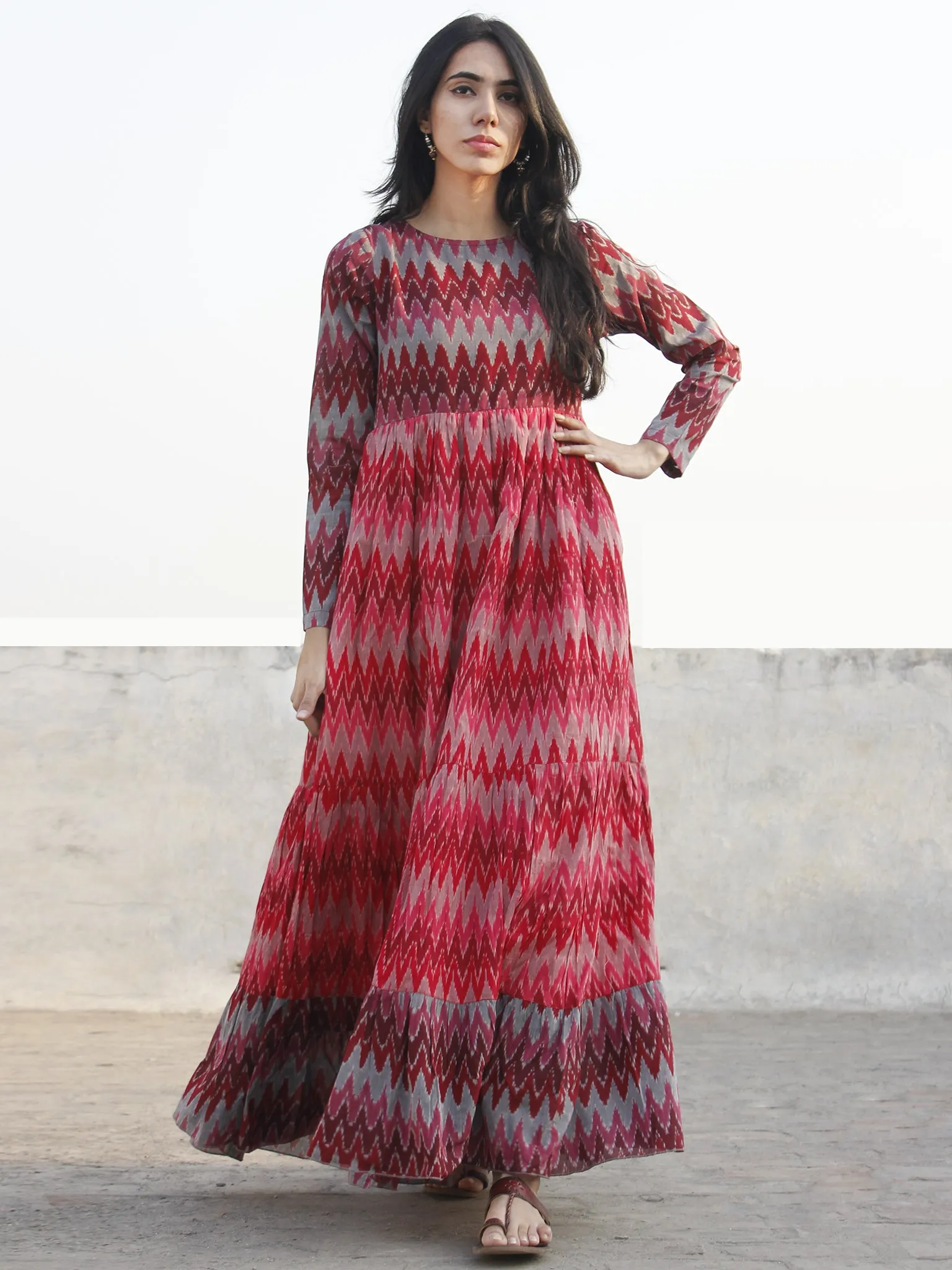 Red Maroon Pink Grey Hand Woven Mercerized Cotton Ikat Tier Dress - D172F835