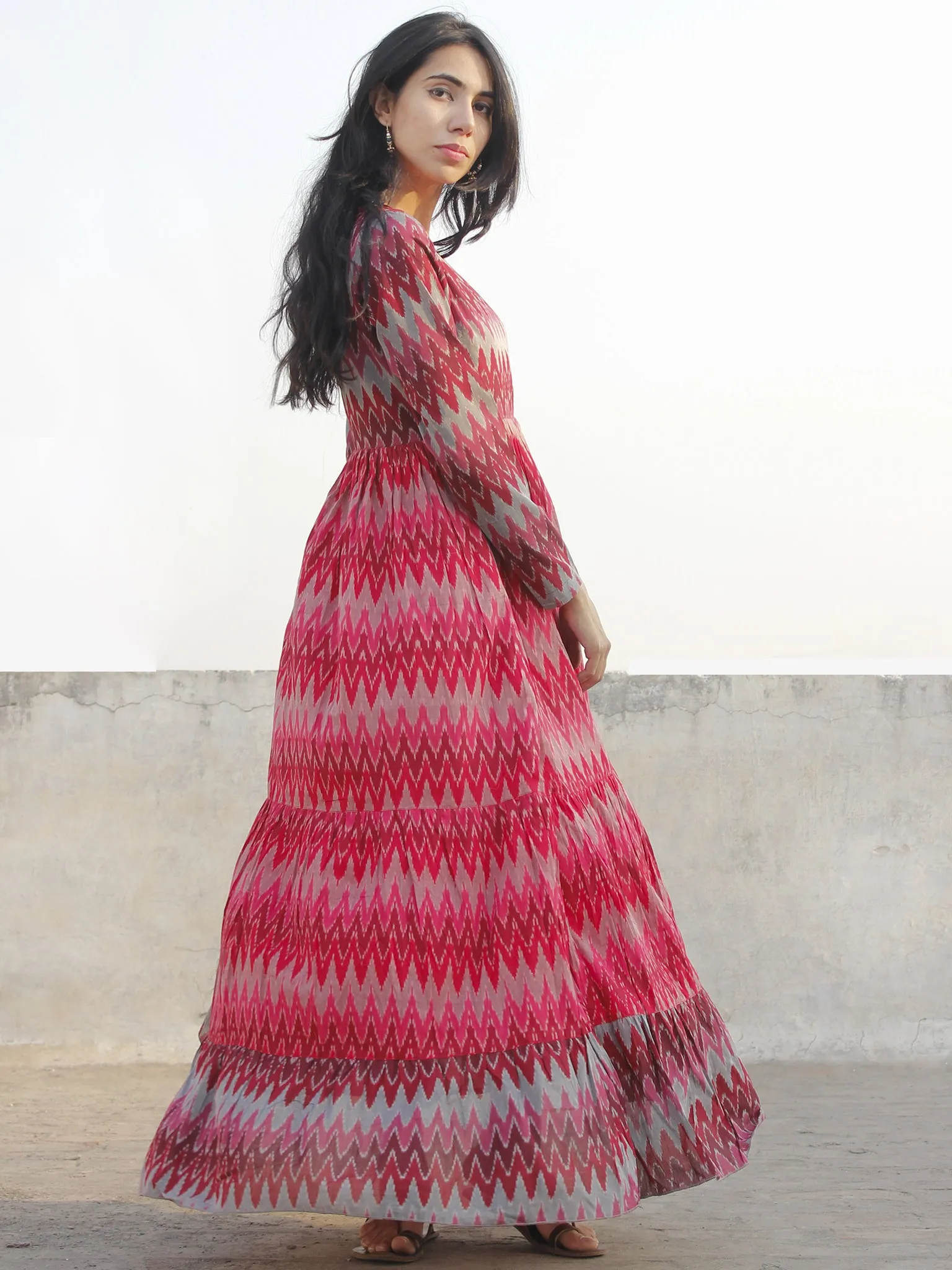 Red Maroon Pink Grey Hand Woven Mercerized Cotton Ikat Tier Dress - D172F835