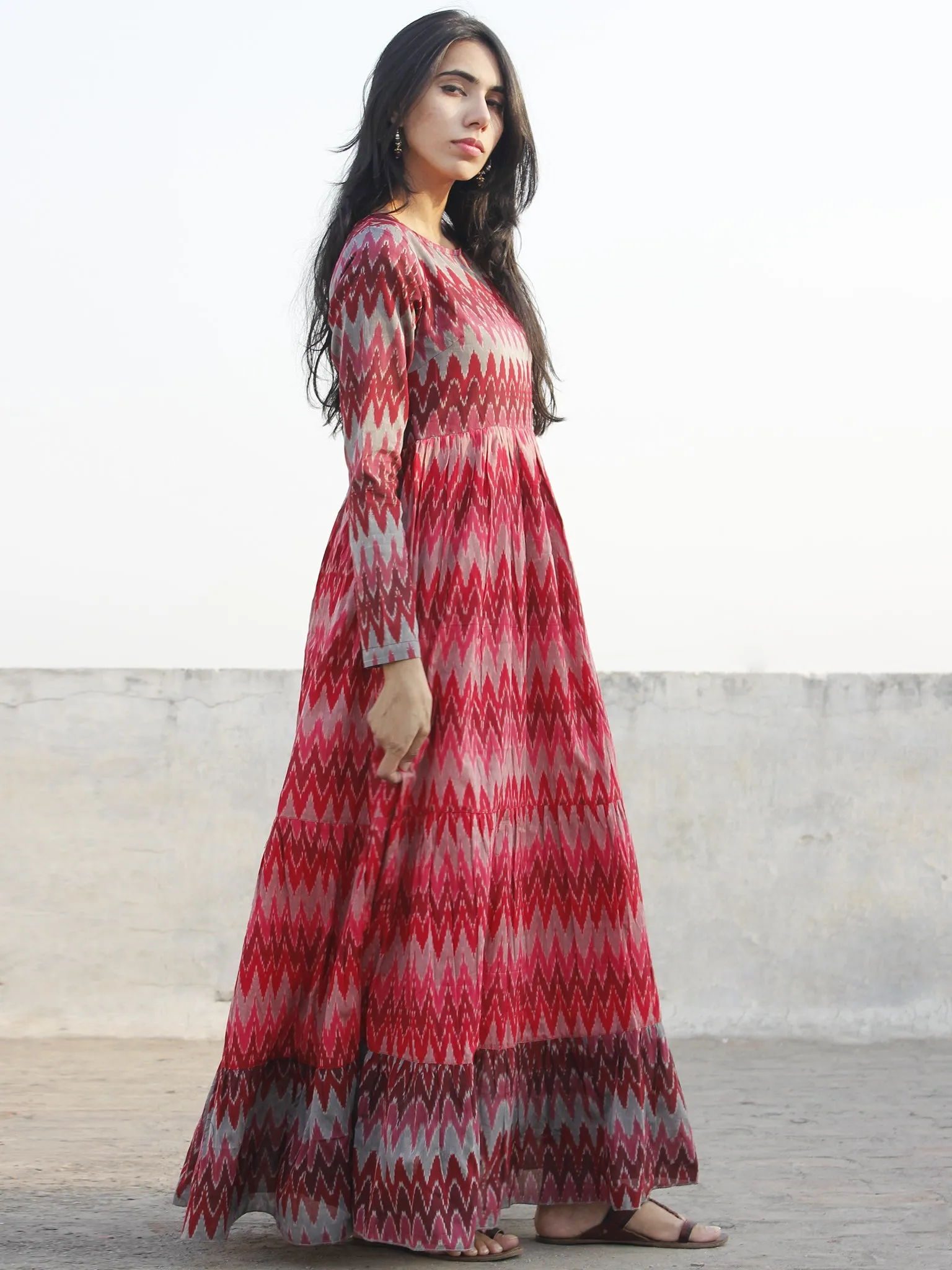 Red Maroon Pink Grey Hand Woven Mercerized Cotton Ikat Tier Dress - D172F835