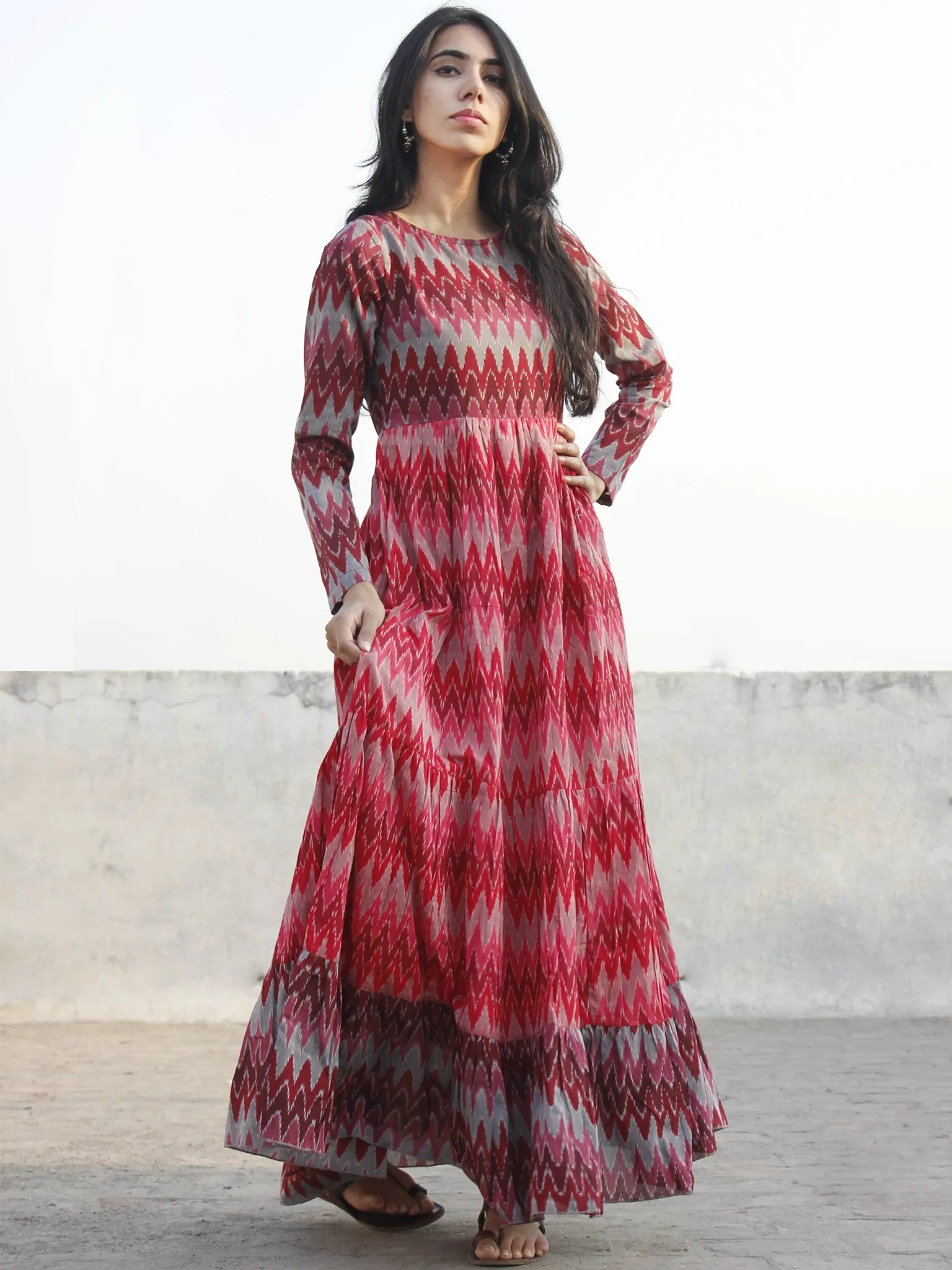 Red Maroon Pink Grey Hand Woven Mercerized Cotton Ikat Tier Dress - D172F835