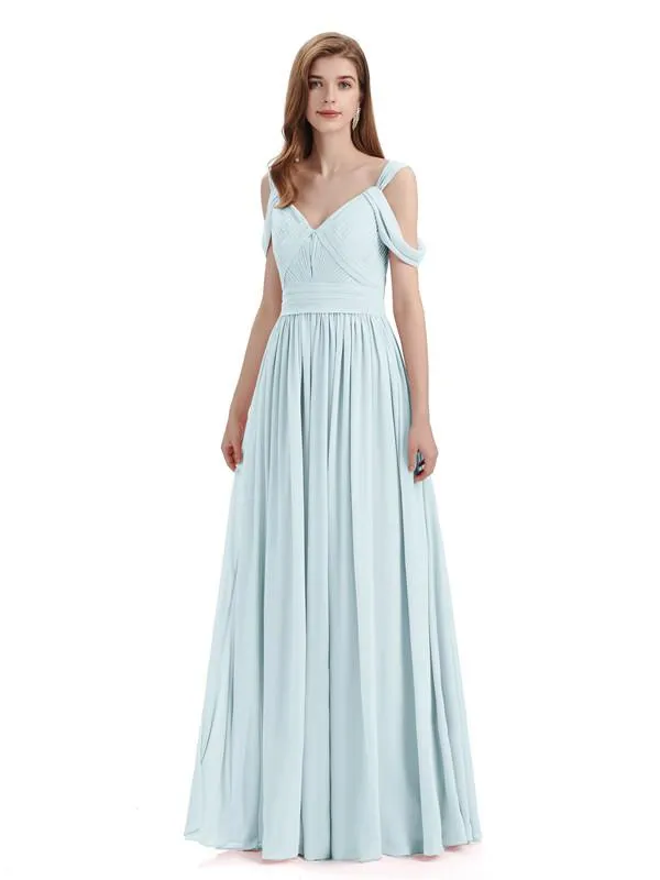 Simple Off-shoulder Chiffon Floor-Length Long Bridesmaid Dresses