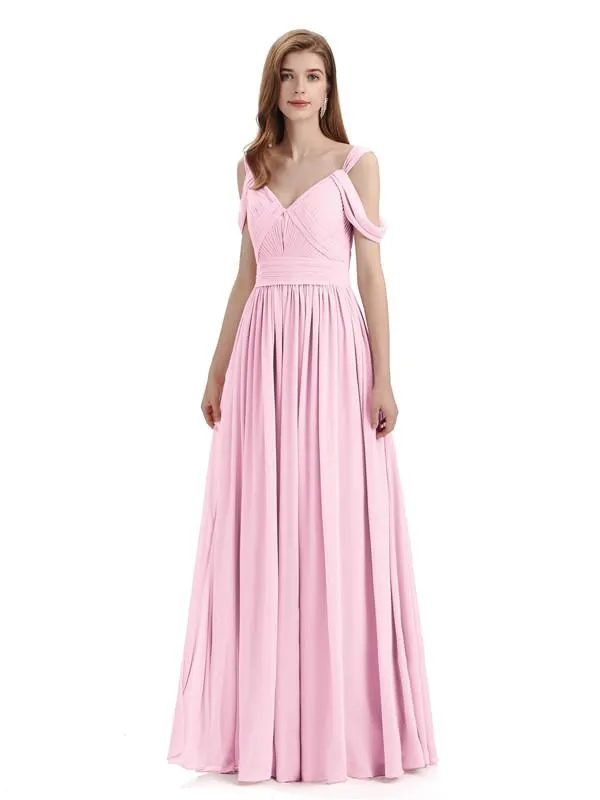 Simple Off-shoulder Chiffon Floor-Length Long Bridesmaid Dresses