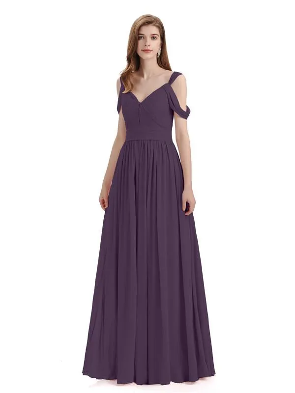 Simple Off-shoulder Chiffon Floor-Length Long Bridesmaid Dresses