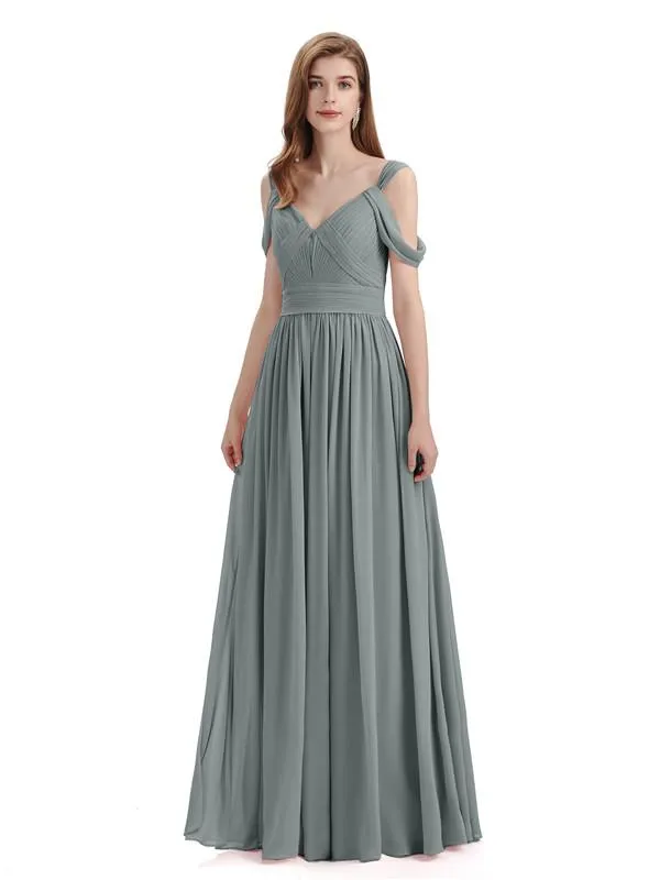 Simple Off-shoulder Chiffon Floor-Length Long Bridesmaid Dresses