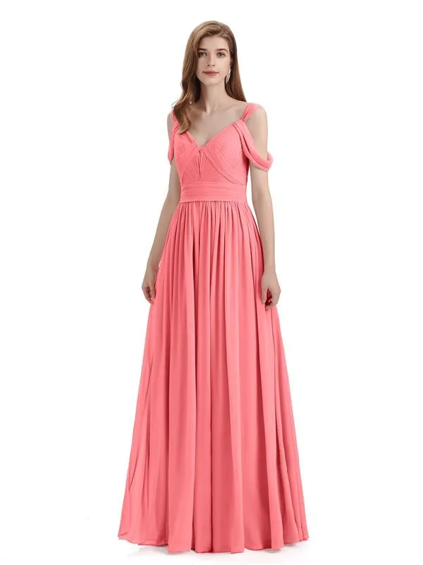 Simple Off-shoulder Chiffon Floor-Length Long Bridesmaid Dresses