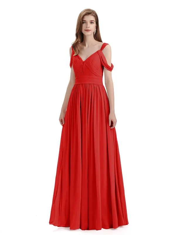 Simple Off-shoulder Chiffon Floor-Length Long Bridesmaid Dresses