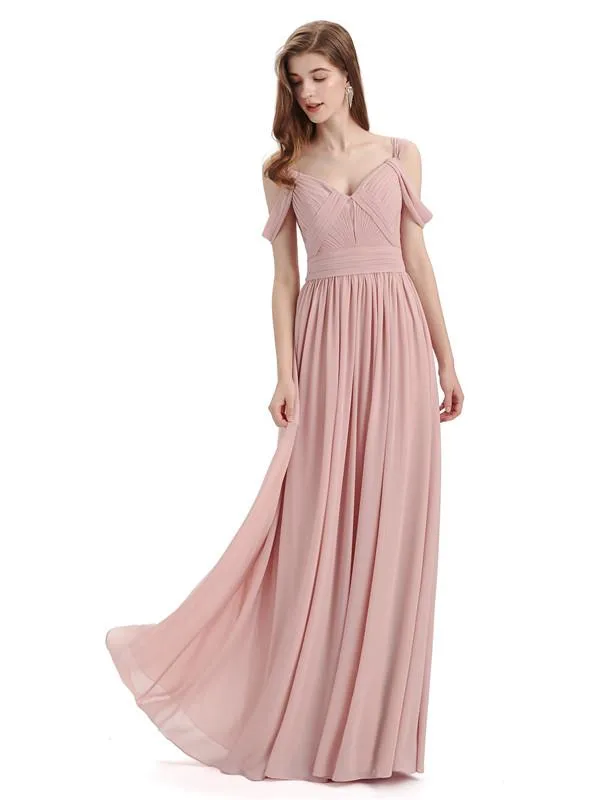 Simple Off-shoulder Chiffon Floor-Length Long Bridesmaid Dresses