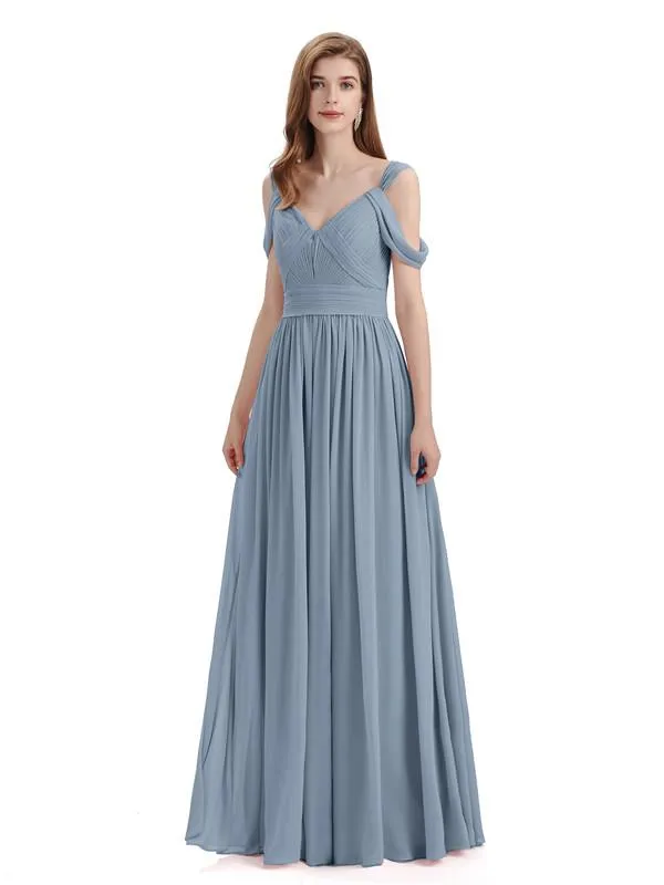 Simple Off-shoulder Chiffon Floor-Length Long Bridesmaid Dresses