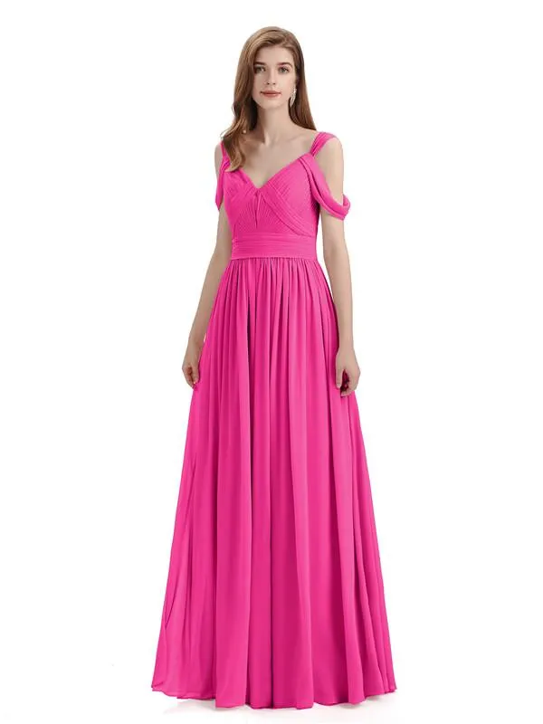 Simple Off-shoulder Chiffon Floor-Length Long Bridesmaid Dresses