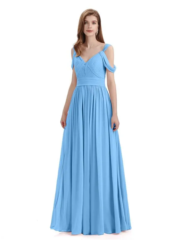 Simple Off-shoulder Chiffon Floor-Length Long Bridesmaid Dresses