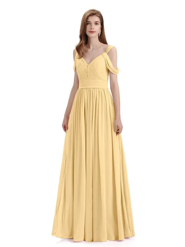 Simple Off-shoulder Chiffon Floor-Length Long Bridesmaid Dresses