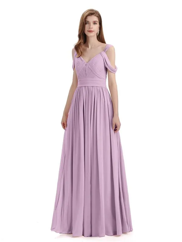 Simple Off-shoulder Chiffon Floor-Length Long Bridesmaid Dresses