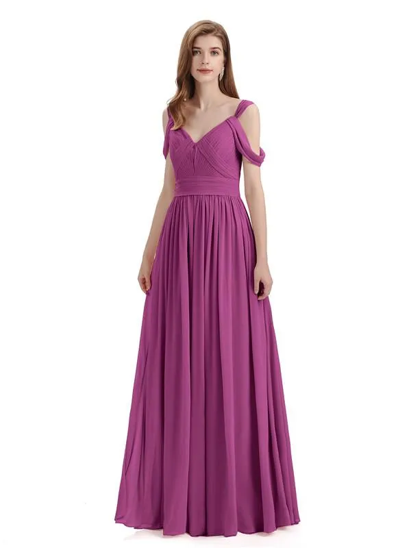 Simple Off-shoulder Chiffon Floor-Length Long Bridesmaid Dresses