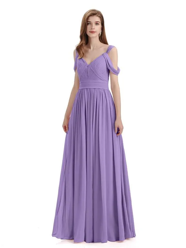 Simple Off-shoulder Chiffon Floor-Length Long Bridesmaid Dresses