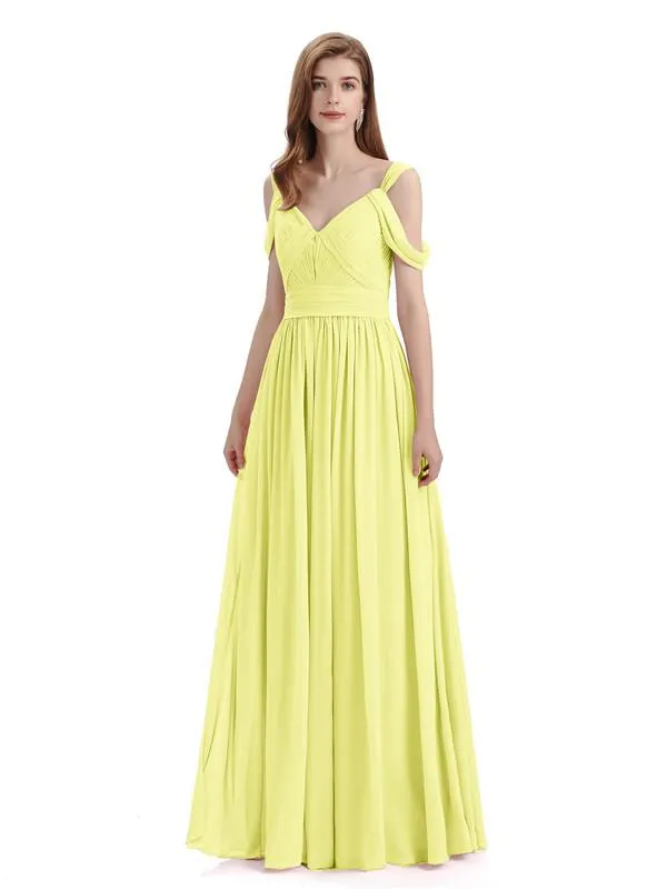 Simple Off-shoulder Chiffon Floor-Length Long Bridesmaid Dresses