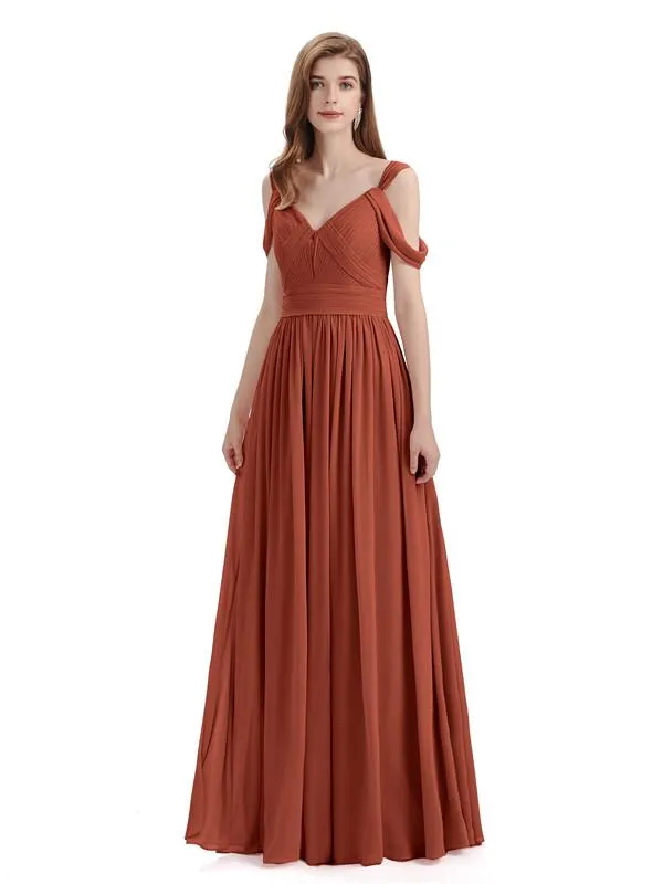 Simple Off-shoulder Chiffon Floor-Length Long Bridesmaid Dresses