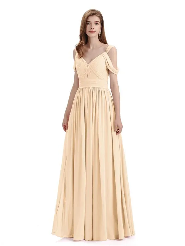 Simple Off-shoulder Chiffon Floor-Length Long Bridesmaid Dresses