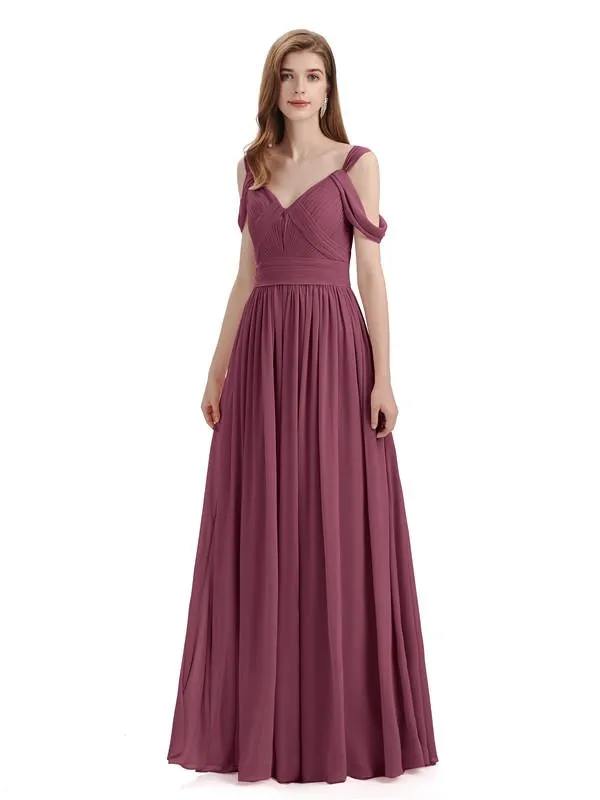 Simple Off-shoulder Chiffon Floor-Length Long Bridesmaid Dresses