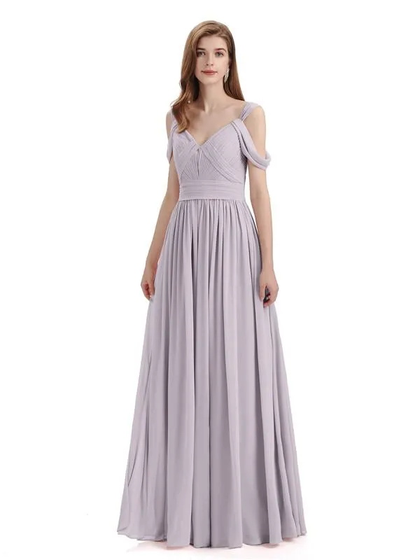 Simple Off-shoulder Chiffon Floor-Length Long Bridesmaid Dresses