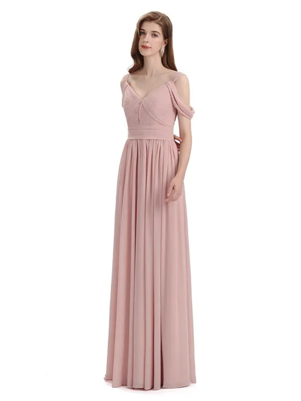 Simple Off-shoulder Chiffon Floor-Length Long Bridesmaid Dresses