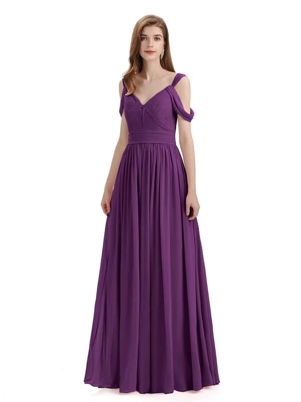 Simple Off-shoulder Chiffon Floor-Length Long Bridesmaid Dresses