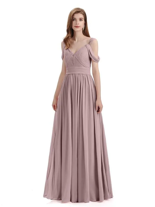 Simple Off-shoulder Chiffon Floor-Length Long Bridesmaid Dresses
