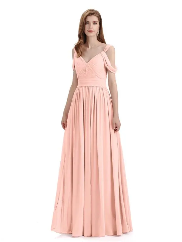 Simple Off-shoulder Chiffon Floor-Length Long Bridesmaid Dresses