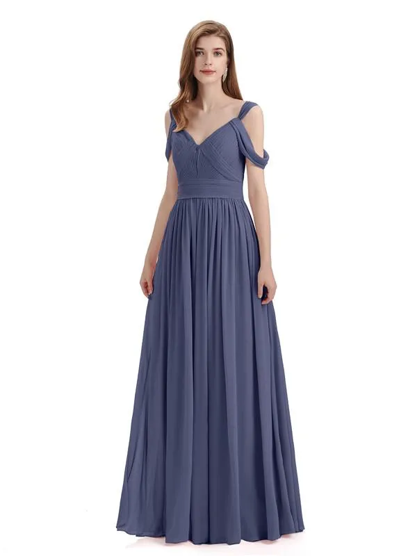 Simple Off-shoulder Chiffon Floor-Length Long Bridesmaid Dresses