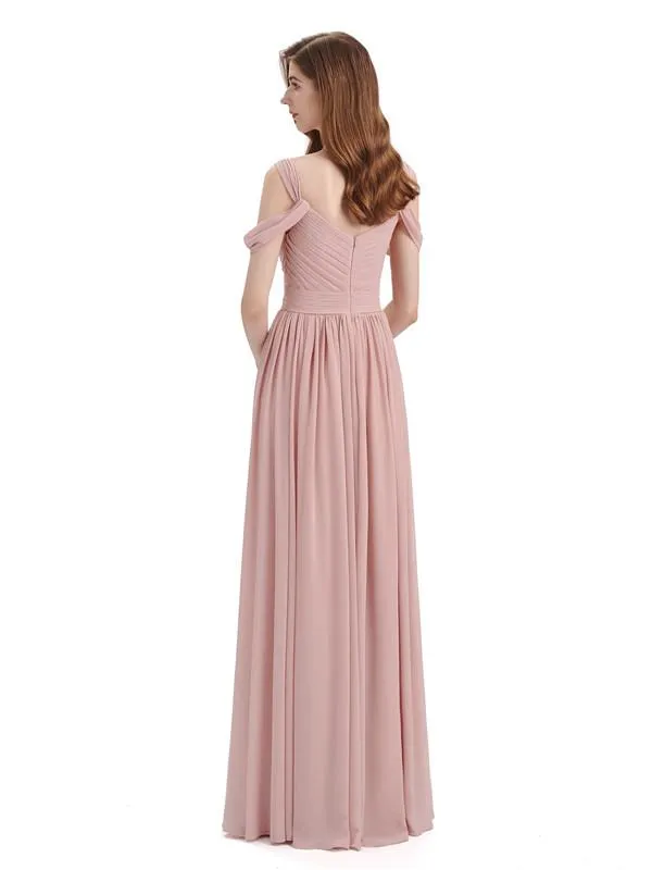 Simple Off-shoulder Chiffon Floor-Length Long Bridesmaid Dresses