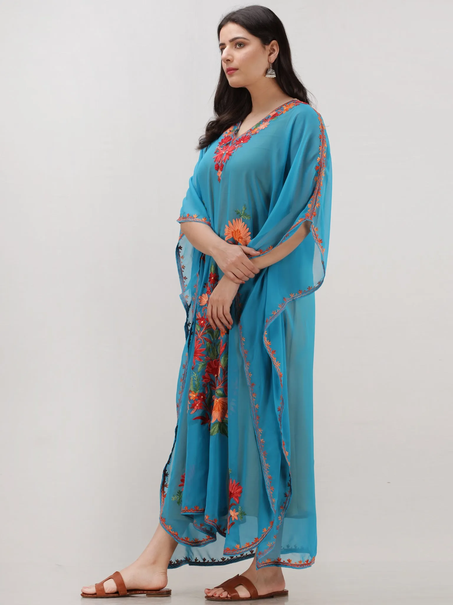 Sky Blue Multicolor Aari Embroidered Kashmere Free Size Georgette Kaftan  - K12K004