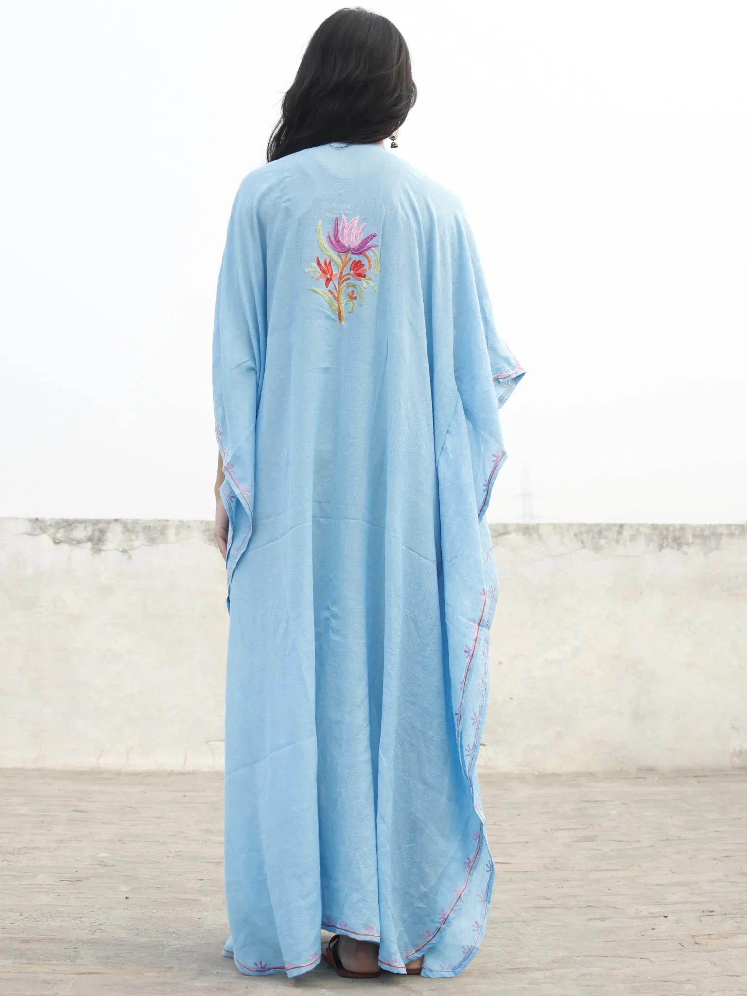 Sky Blue with Multi color Aari Embroidered Long Kashmere Free Size Kaftan in Crushed Cotton - K11K009