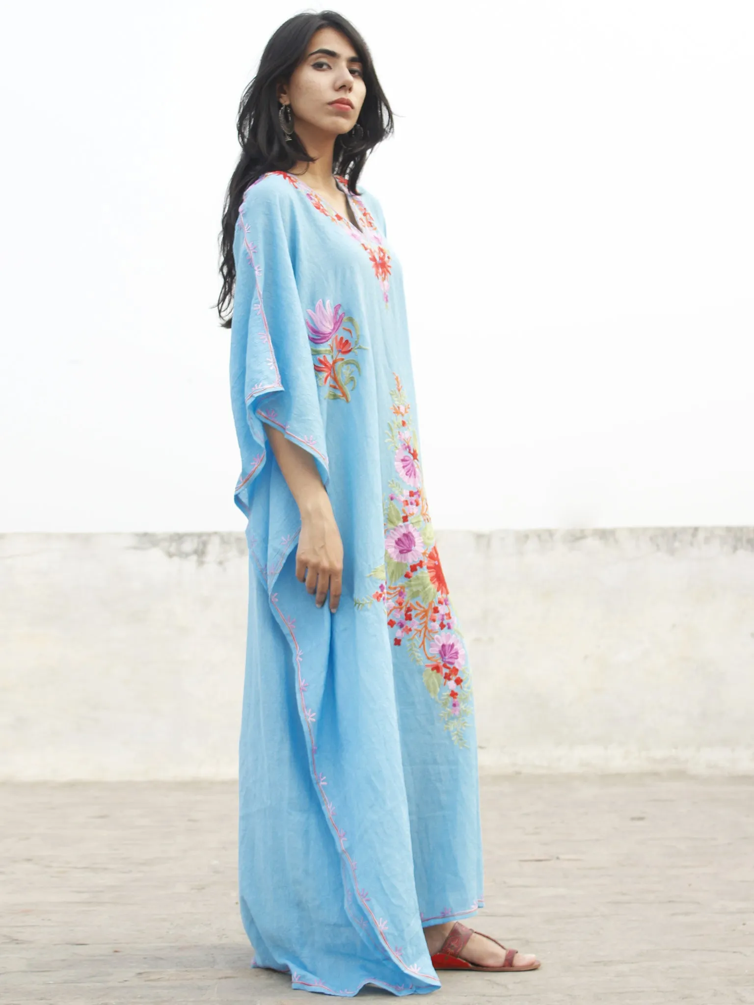 Sky Blue with Multi color Aari Embroidered Long Kashmere Free Size Kaftan in Crushed Cotton - K11K009