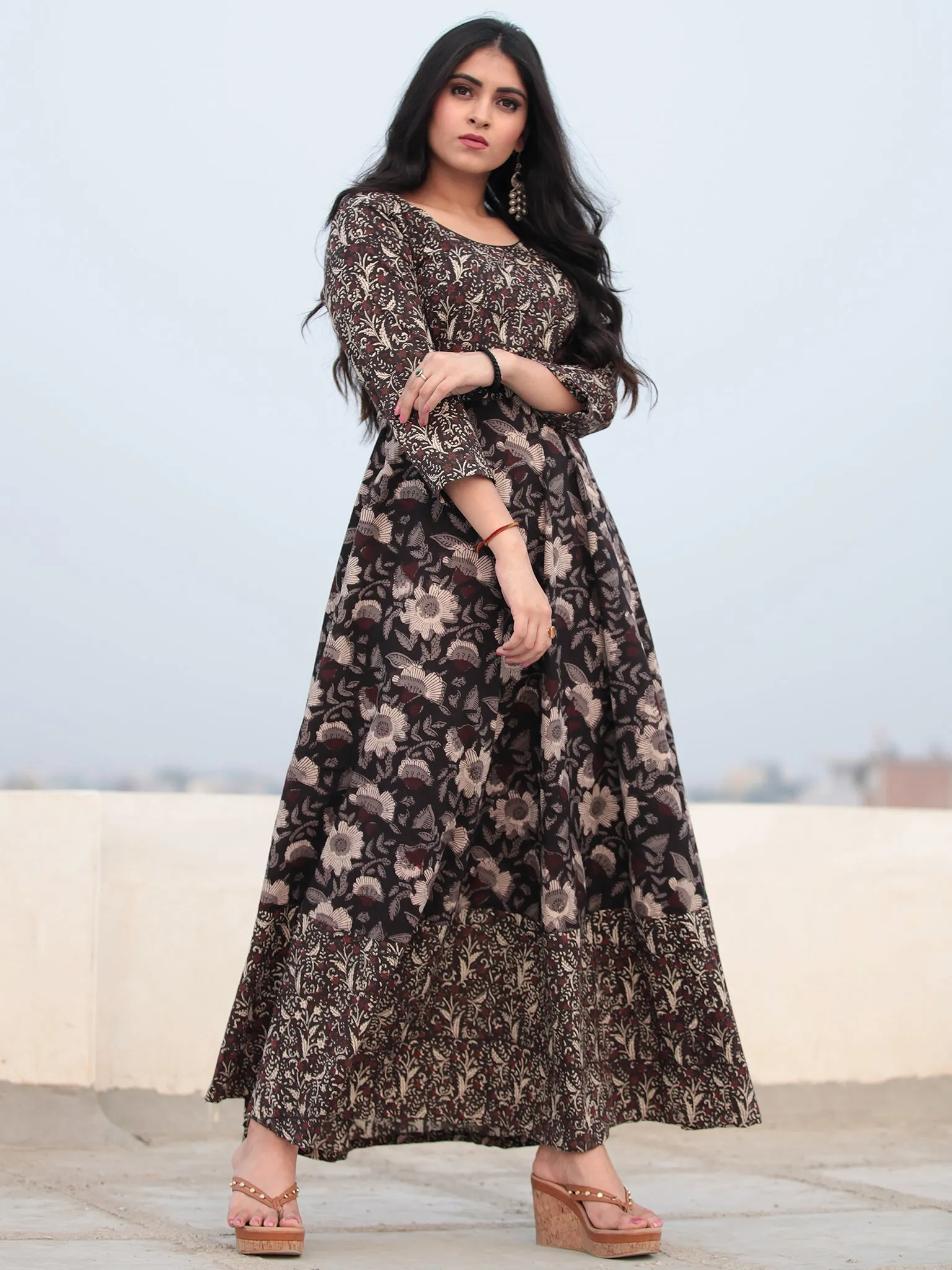 Tareen - Black Beige Brown Hand Block Printed Cotton Long Dress D150F2131