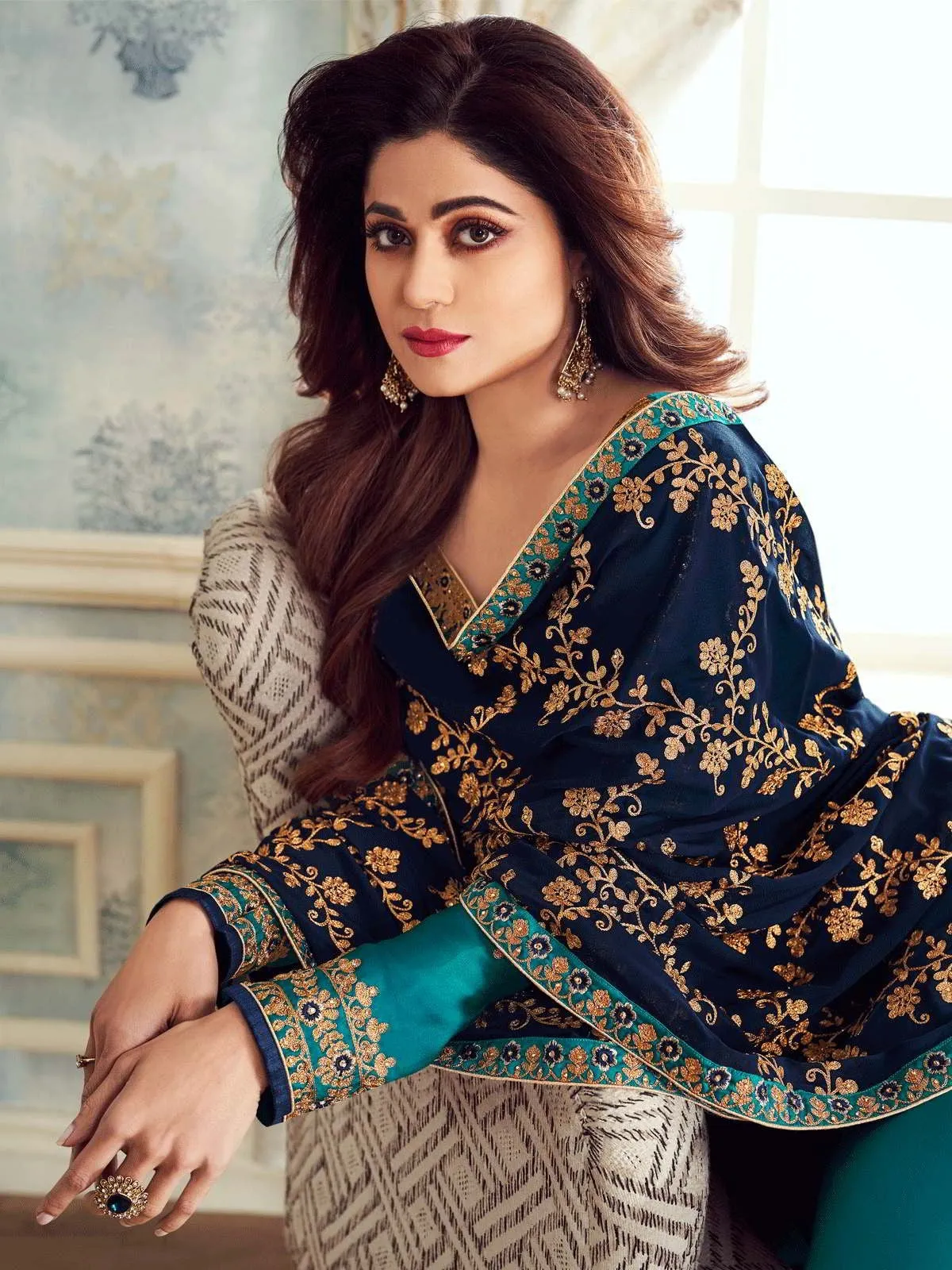 Turquoise And Blue Ethnic Embroidered Churidar Suit