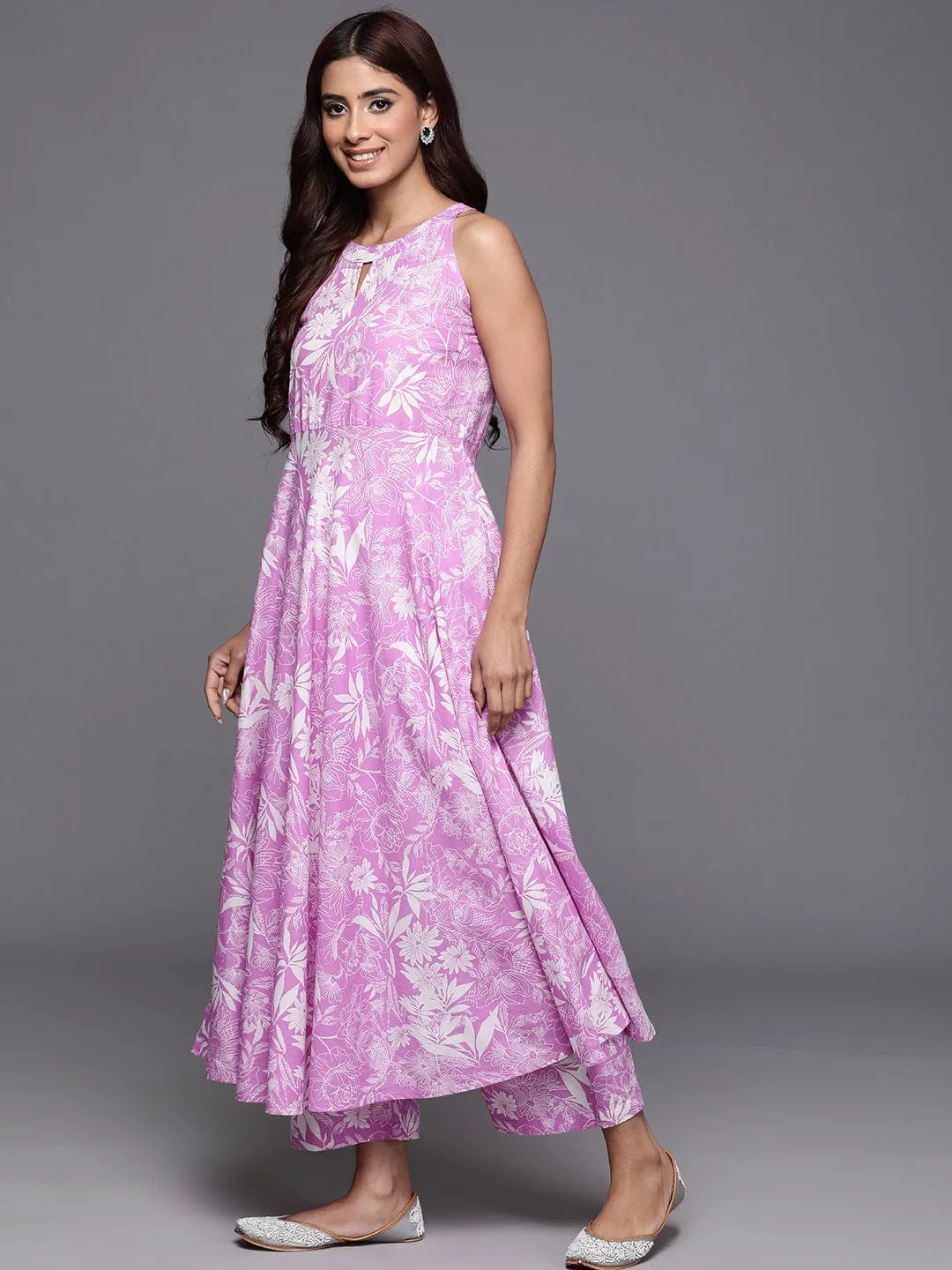 Varanga Women Lavender Floral Printed Halter Neck Anarkali Kurta With Bottom