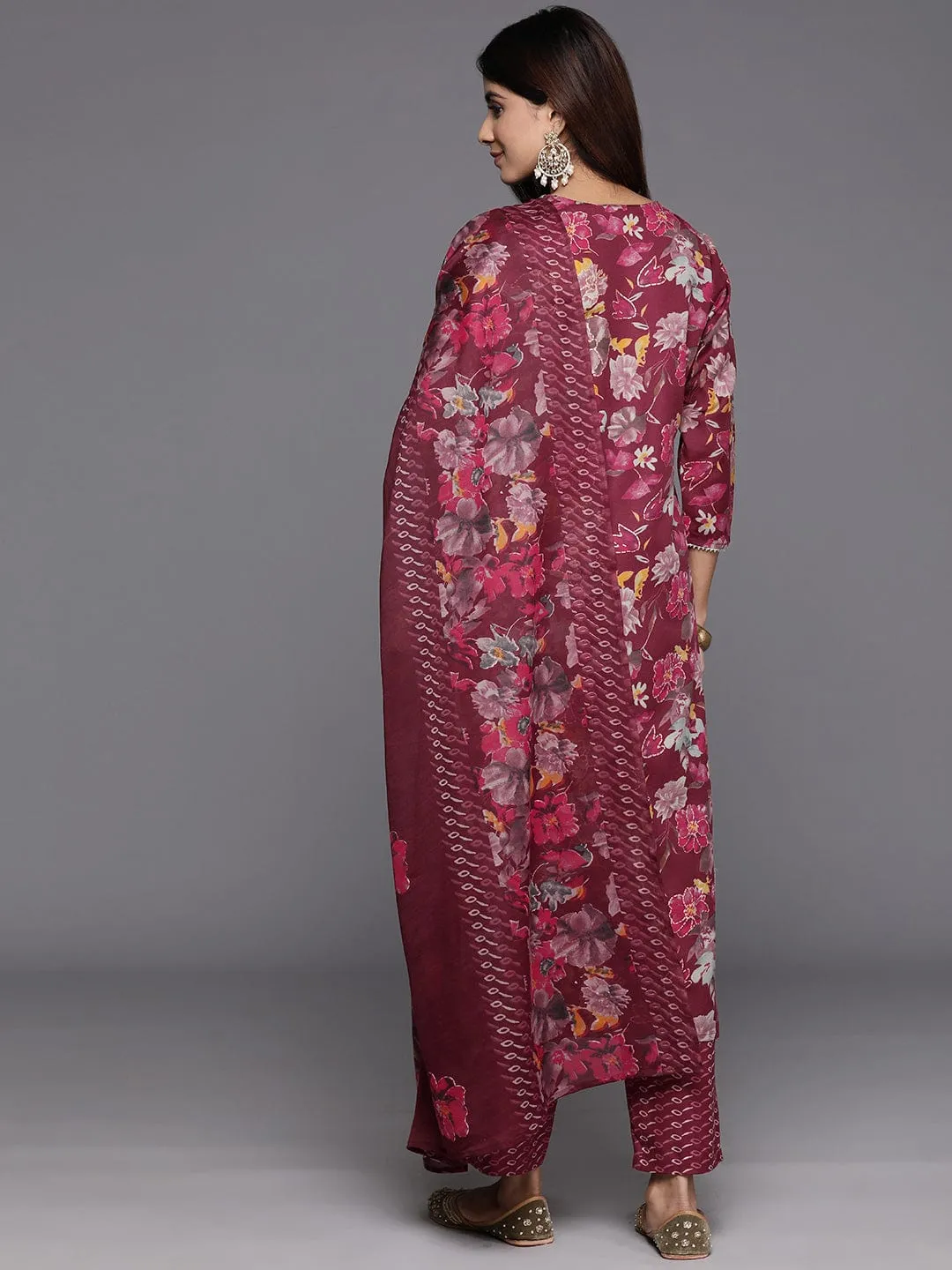 Varanga Women Maroon Floral Printed  Embroidered Kurta Paired With Bottom And Dupatta