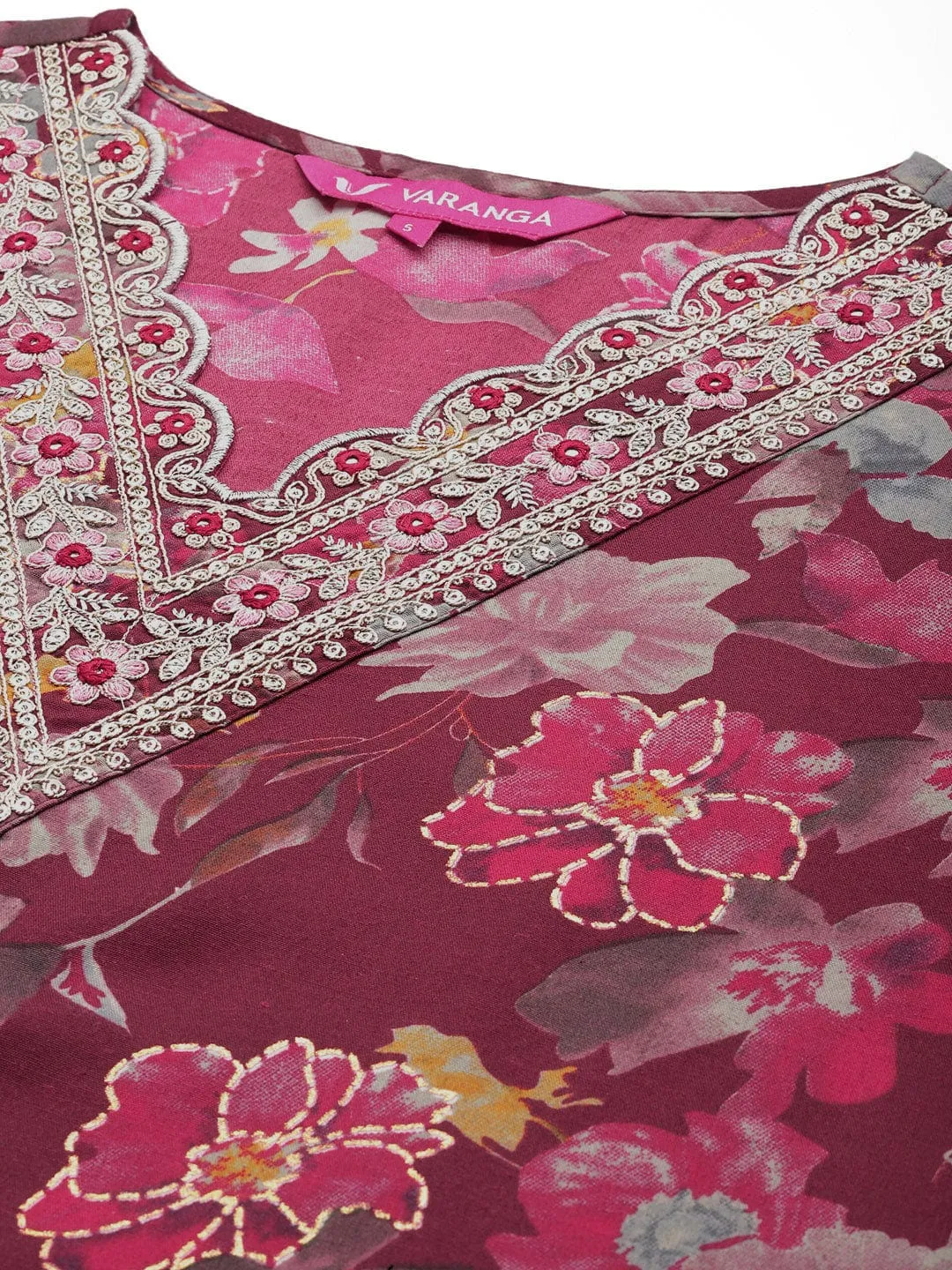 Varanga Women Maroon Floral Printed  Embroidered Kurta Paired With Bottom And Dupatta