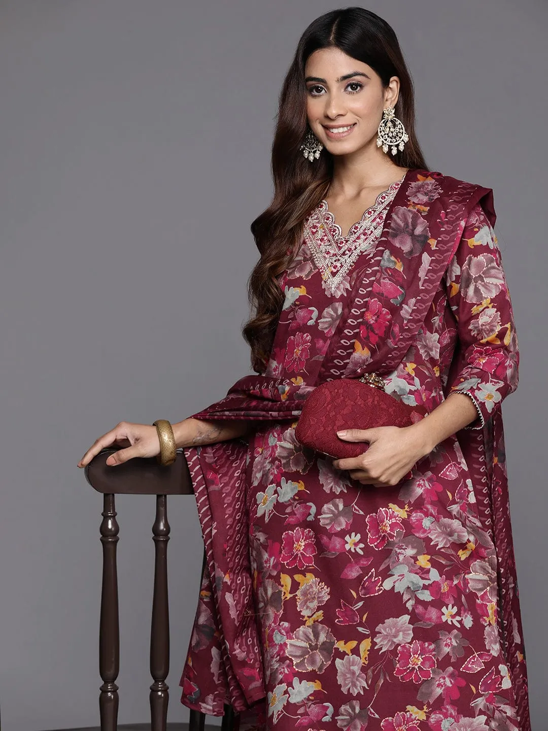 Varanga Women Maroon Floral Printed  Embroidered Kurta Paired With Bottom And Dupatta