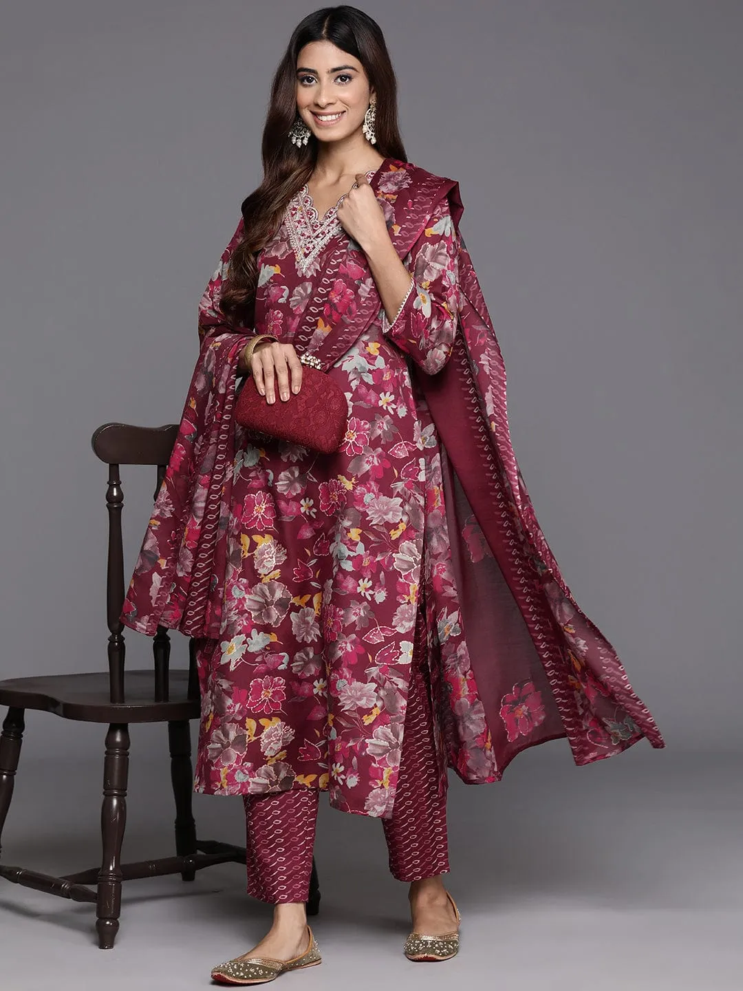 Varanga Women Maroon Floral Printed  Embroidered Kurta Paired With Bottom And Dupatta