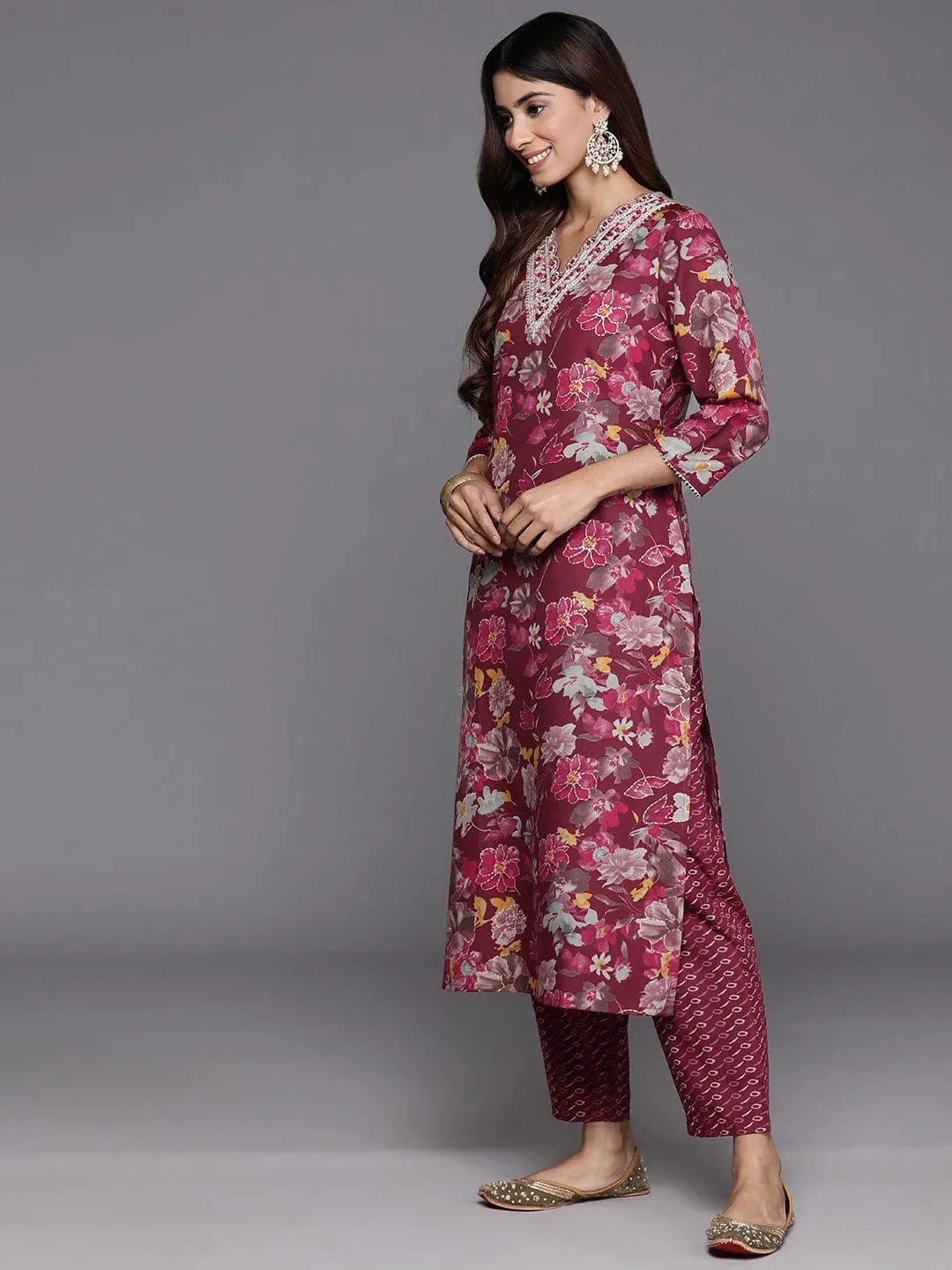 Varanga Women Maroon Floral Printed  Embroidered Kurta Paired With Bottom And Dupatta