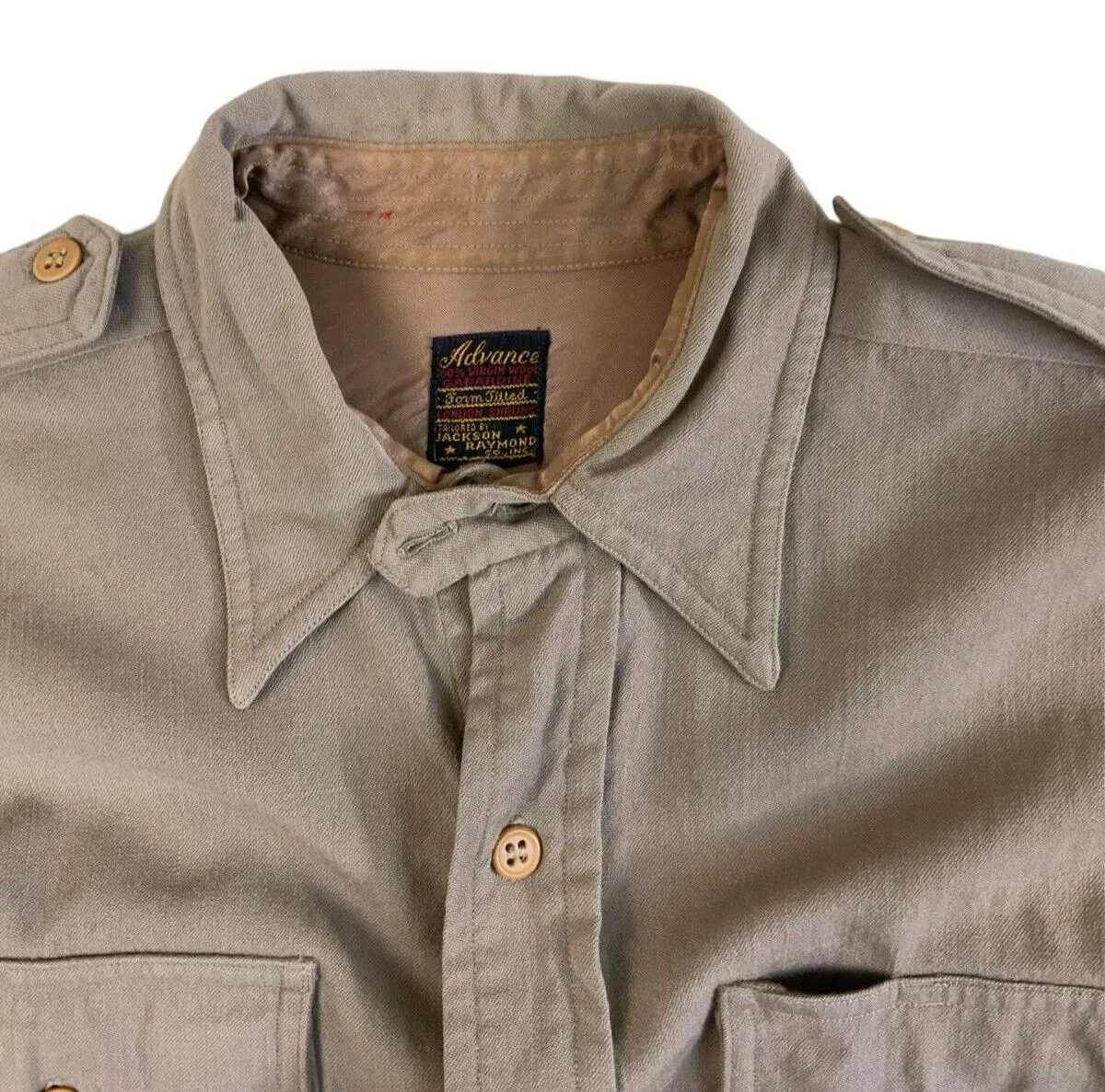 VTG 40s WW2 USA OFFICERS JACKSON RAYMOND RANGOON GABARDINE VIRGIN WOOL SHIRT S38