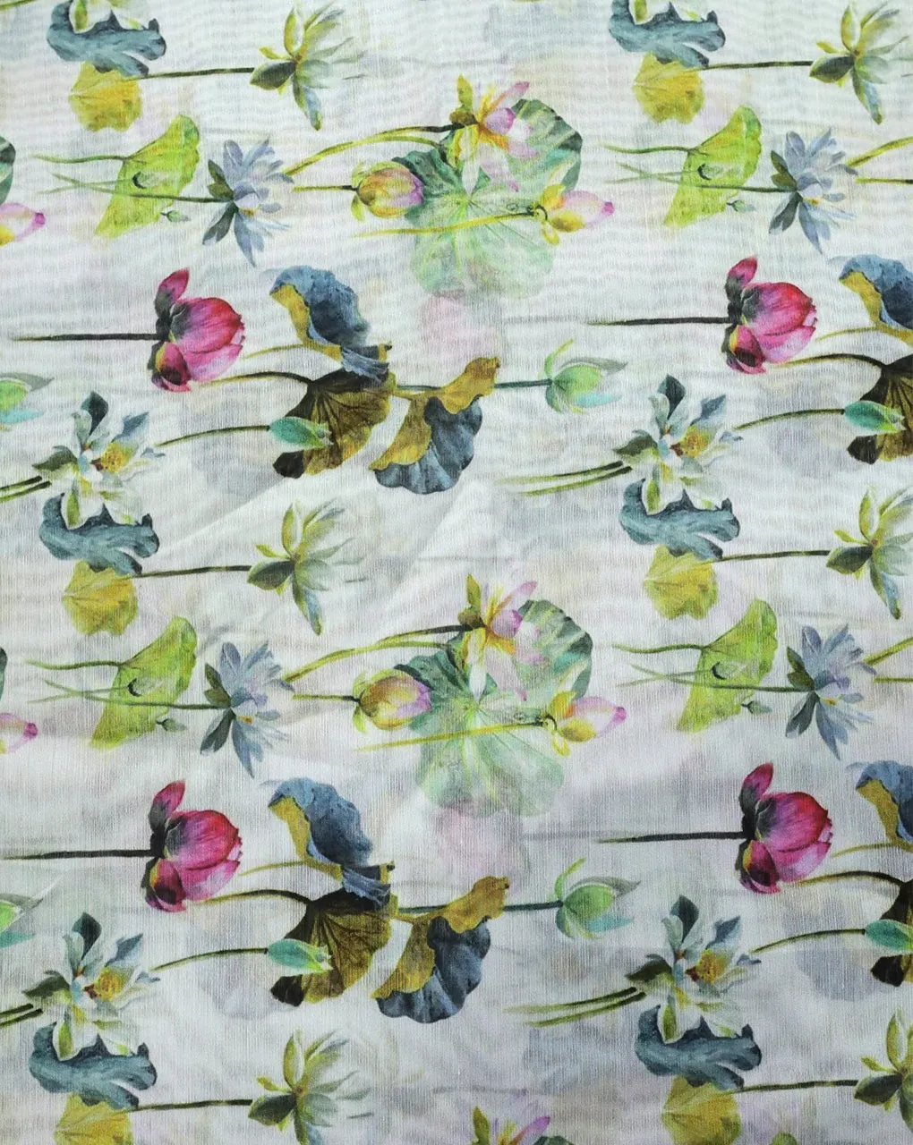 WHITE & MULTICOLOR FLORAL DESIGN POLYESTER CHANDERI FABRIC