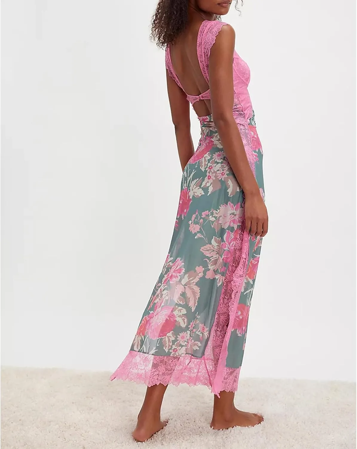 Women Floral Maxi Slip Dress Sexy Backless Spaghetti Strap Long Dress Sleeveless Lace Cut Out Bodycon Split Dress