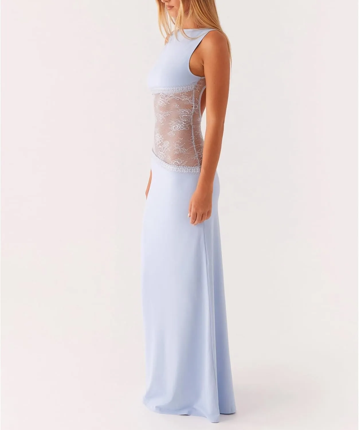 Women Floral Maxi Slip Dress Sexy Backless Spaghetti Strap Long Dress Sleeveless Lace Cut Out Bodycon Split Dress