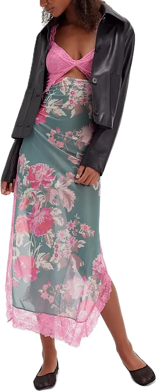 Women Floral Maxi Slip Dress Sexy Backless Spaghetti Strap Long Dress Sleeveless Lace Cut Out Bodycon Split Dress