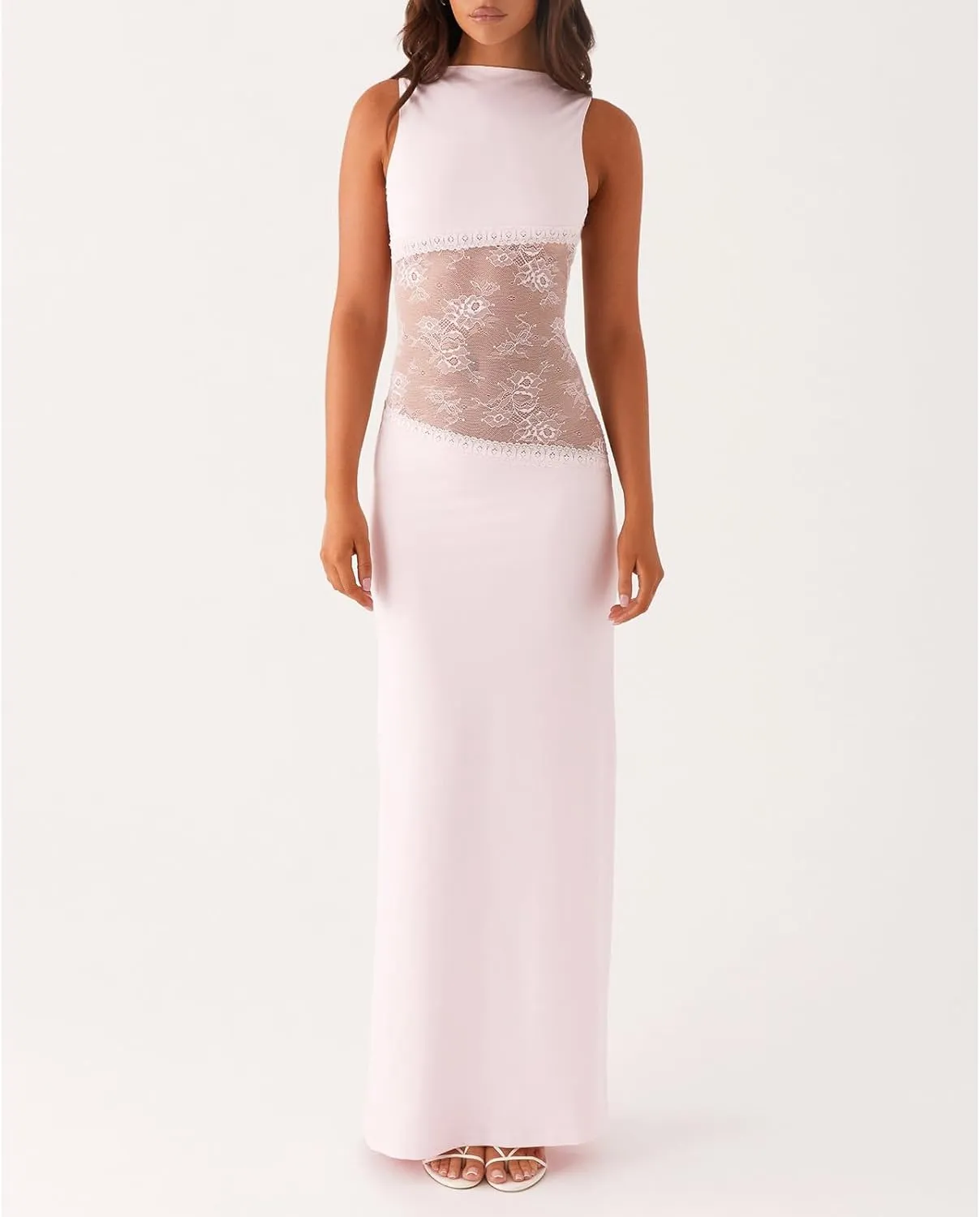 Women Floral Maxi Slip Dress Sexy Backless Spaghetti Strap Long Dress Sleeveless Lace Cut Out Bodycon Split Dress