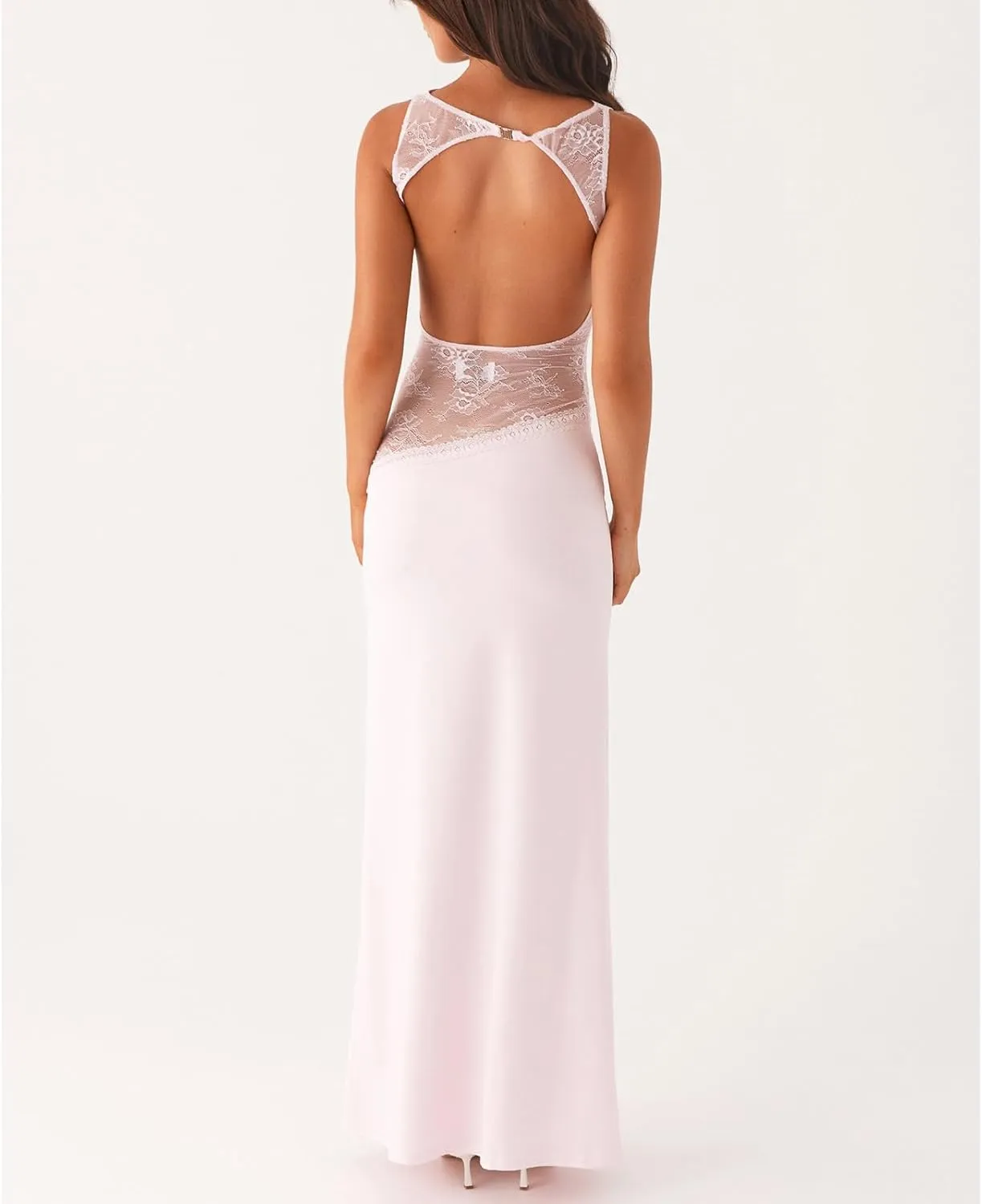 Women Floral Maxi Slip Dress Sexy Backless Spaghetti Strap Long Dress Sleeveless Lace Cut Out Bodycon Split Dress