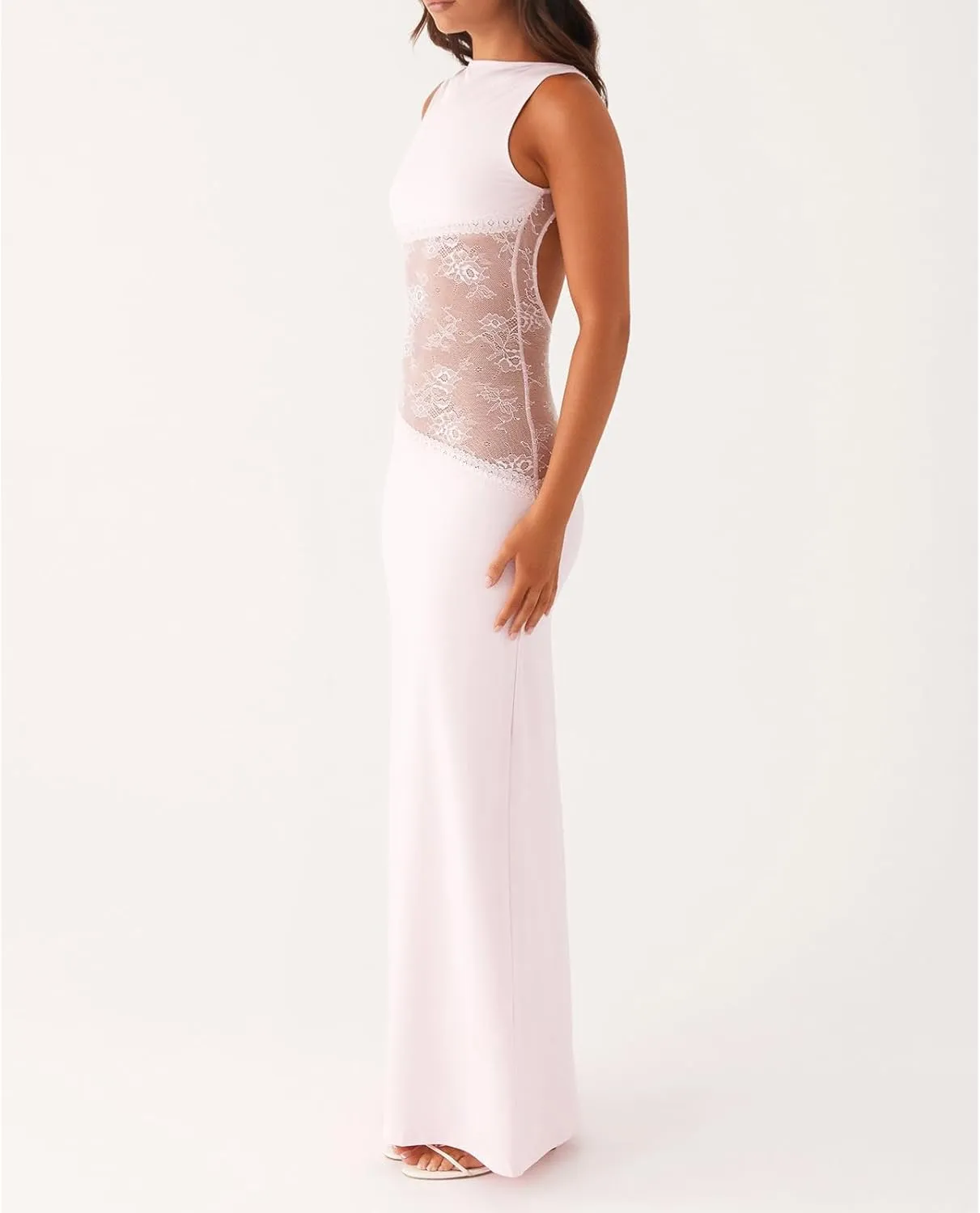 Women Floral Maxi Slip Dress Sexy Backless Spaghetti Strap Long Dress Sleeveless Lace Cut Out Bodycon Split Dress