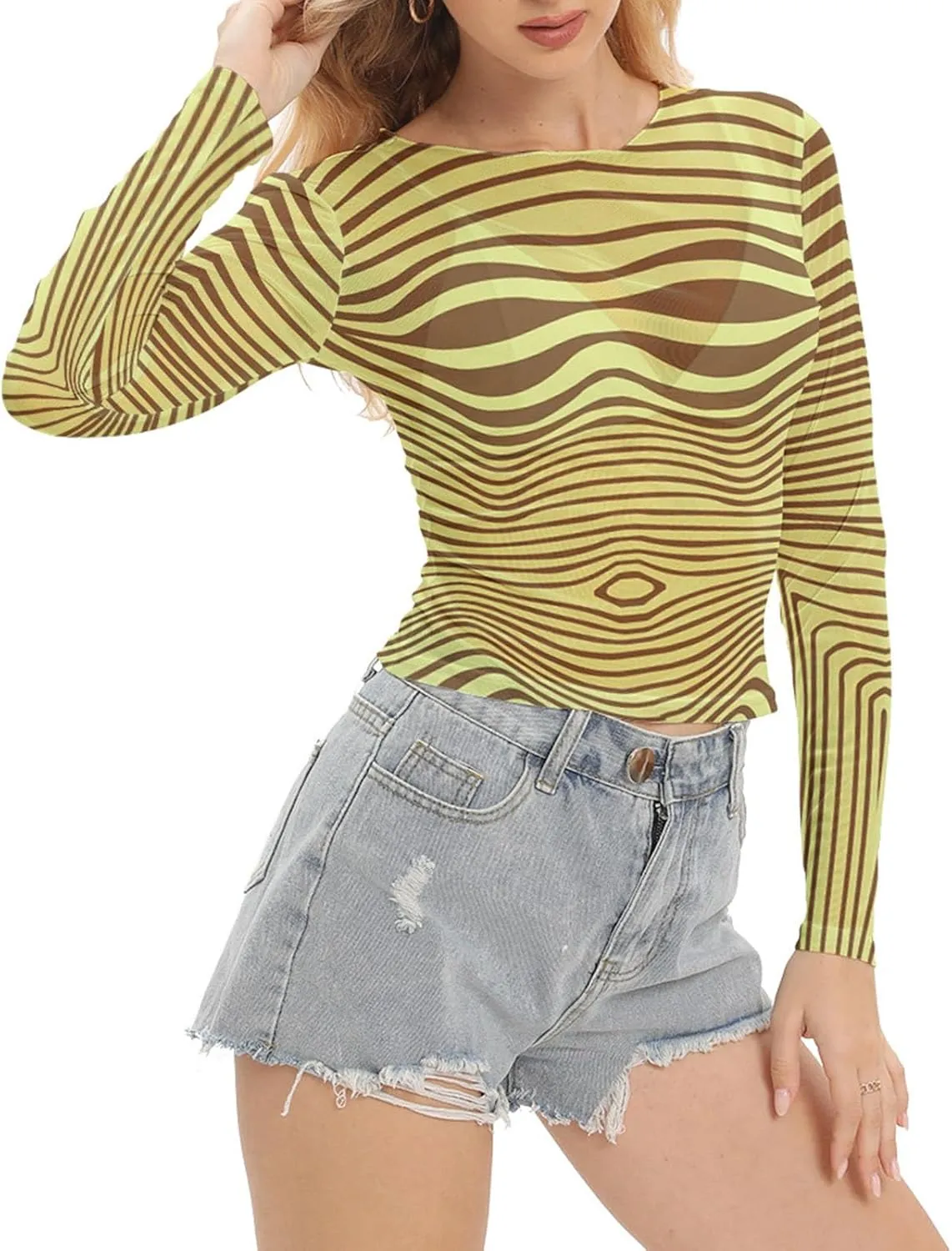 Women Mesh Printed Crop Top Shirt Long-Sleeved Slim Cool T-Shirts Modern Punk Street Tops